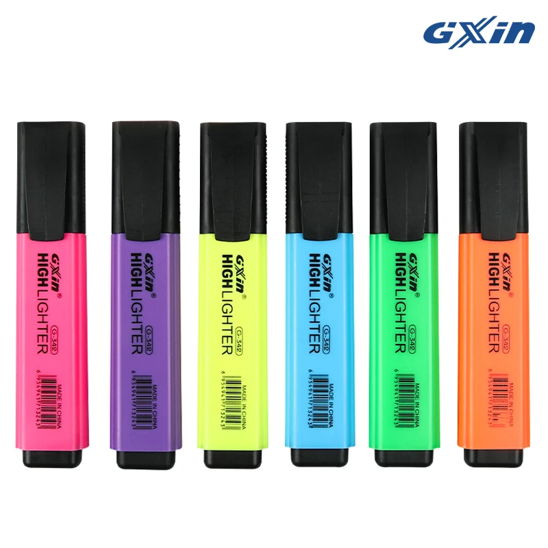 GXIN Professional Highlighter 6 Colors Chisel Tip , Water-Based, Non-Toxic Ink, Fast-Drying (G-342)